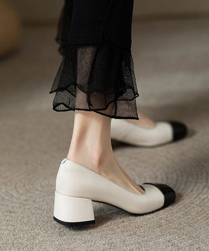 French Beige Splicing Chunky Heel Loafers for