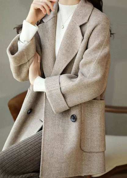 Loose Grey Notched Pockets Double Breast Woolen Coat Winter