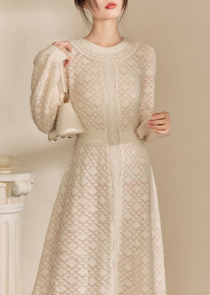 Jacquard Beige O-neck Flattering Knitted Cotton Thread Maxi Dresses Fall
