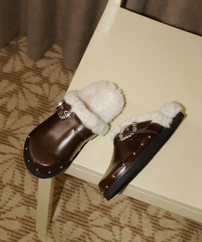 Black Slippers Shoes Faux Leather Rivet Splicing Fuzzy Wool Lined