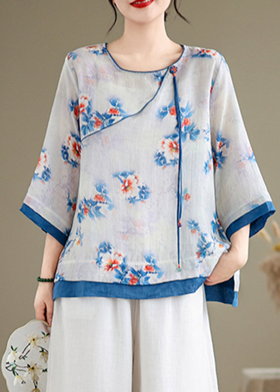 Blue O-neck Print Patchwork Shirt Long Sleeve
