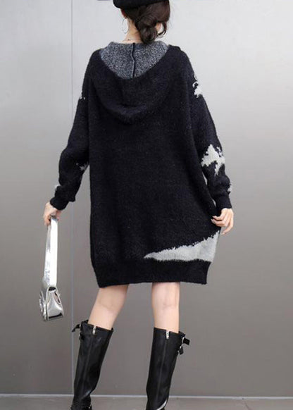Black V Neck Thick Print Cotton Knit Sweaters Winter