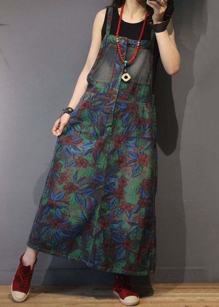 Print Pockets High Waist Denim Straps Dress Sleeveless