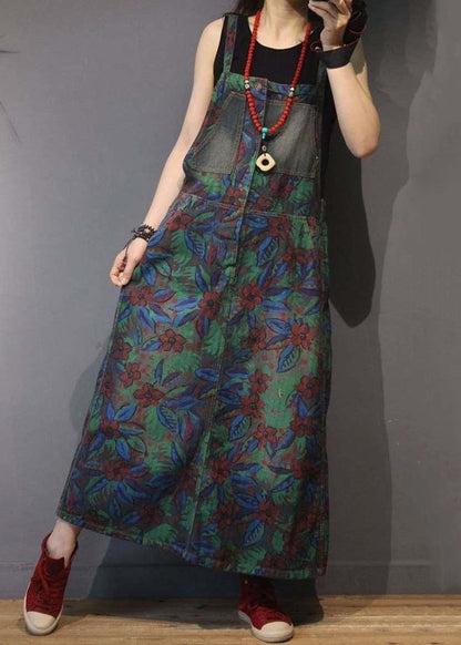 Print Pockets High Waist Denim Straps Dress Sleeveless