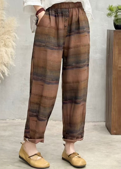 Brown Oversized Print Linen Harem Pants Summer