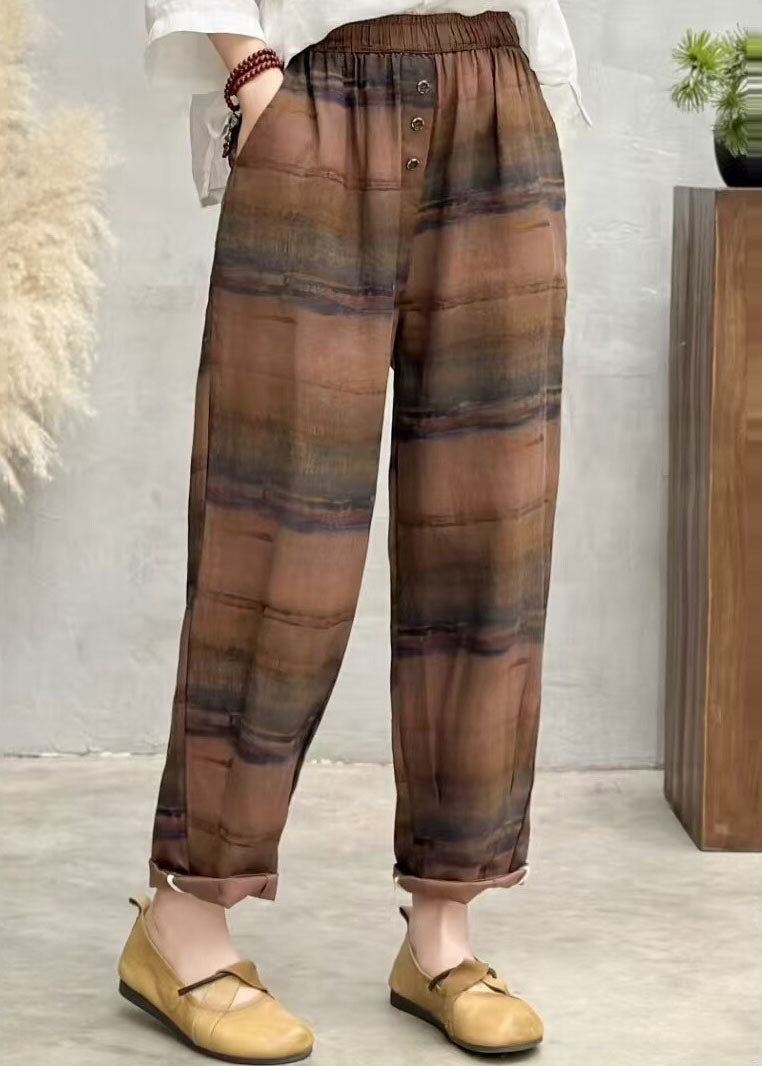 Brown Oversized Print Linen Harem Pants Summer