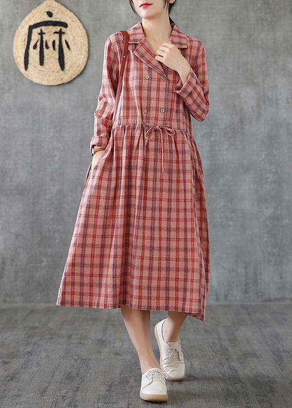 Loose Pink Plaid Linen Cotton Clothes Notched Drawstring Cotton Dress