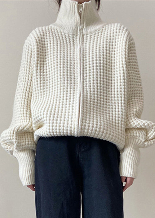 White Zip Up Plaid Knit Coat Spring