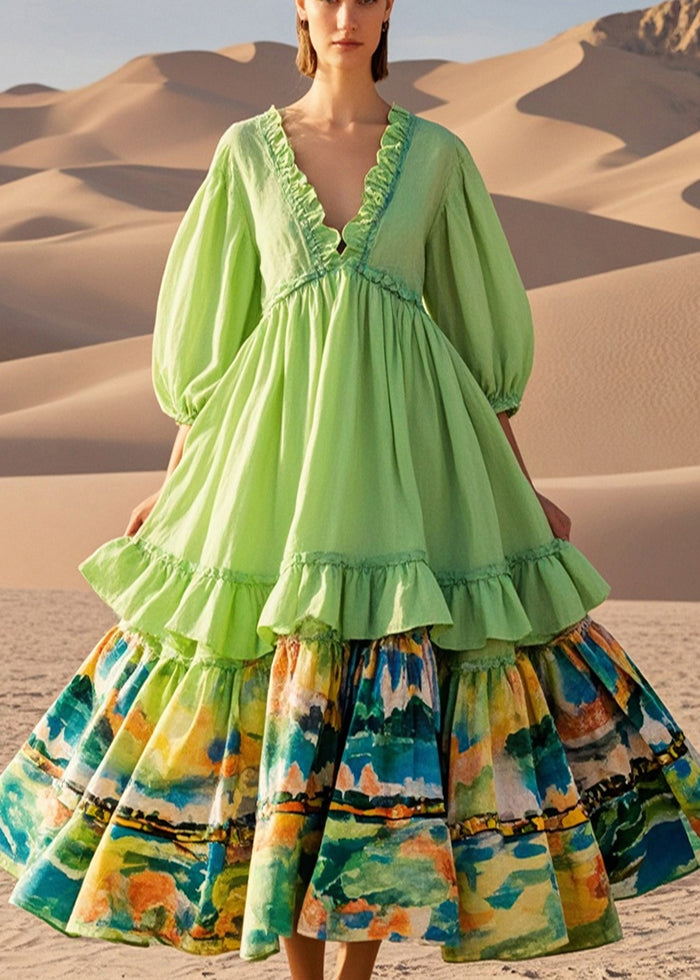 Light Green Ruffled Patchwork Exra Large Hem Cotton Party Dress Half Sleeve