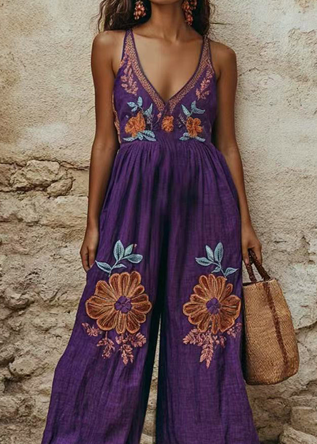 Purple Print Wrinkled Wide Leg Jumpsuit Summer