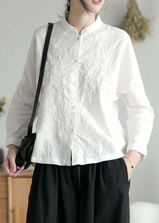 White Stand Collar Button Embroidered Shirt Top Long Sleeve