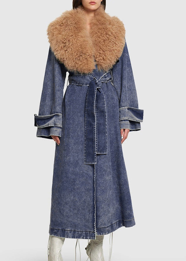 Denim Blue Fur Collar Patchwork Tie Waist Long Trench Coats Winter