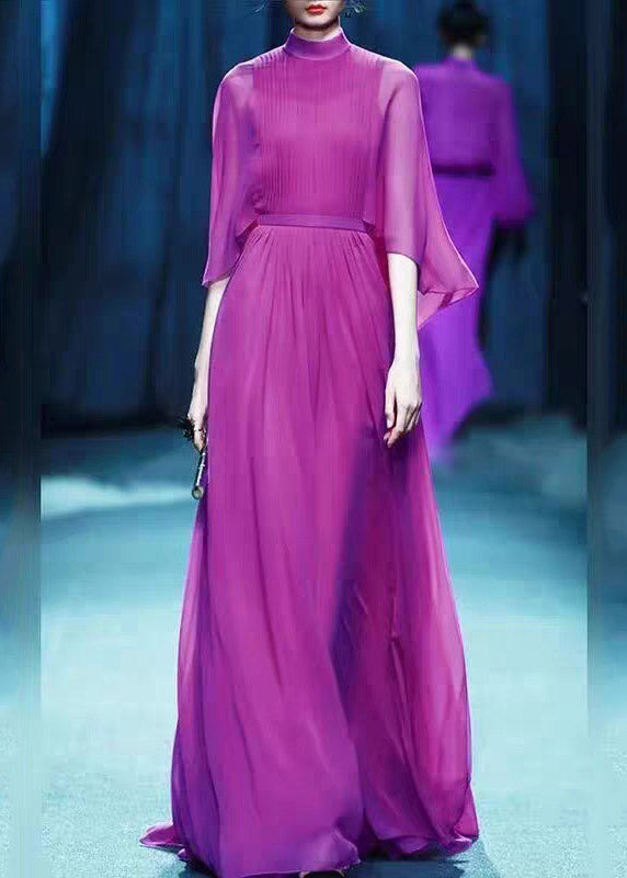 Purple Turtleneck High Waist Chiffon Long Dresses Three Quarter Sleeve