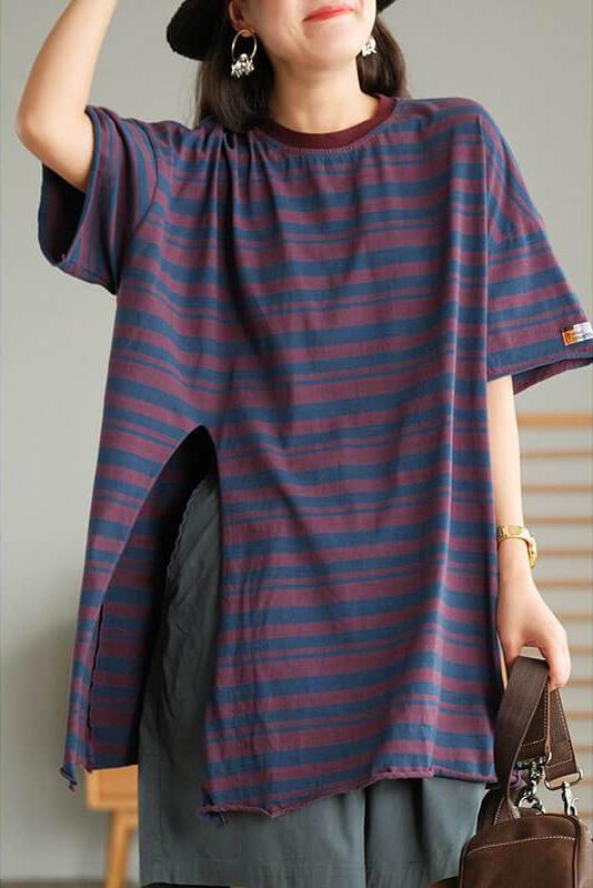 Cotton Stripes Split Hem O Neck T-shirt