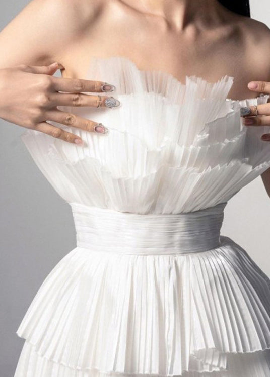 Original Design White Layered Wrinkled Strapless Summer Dress