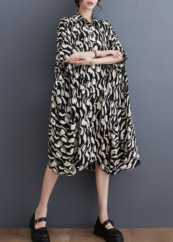Black Peter Pan Collar Print Cotton Shirts Dress Batwing Sleeve