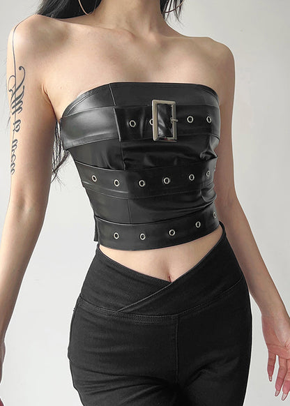 Black Backless Faux Leather Short Strapless Top