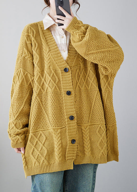 Yellow V Neck Button Knit Cardigans Coat Fall