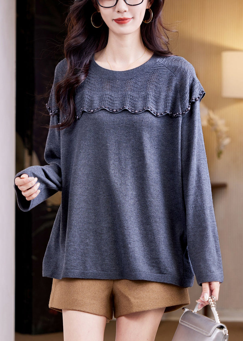 Grey Nail Bead Patchwork Knit Sweater Top Fall