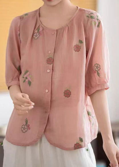 Red Linen Shirts O-neck Embroidered Summer