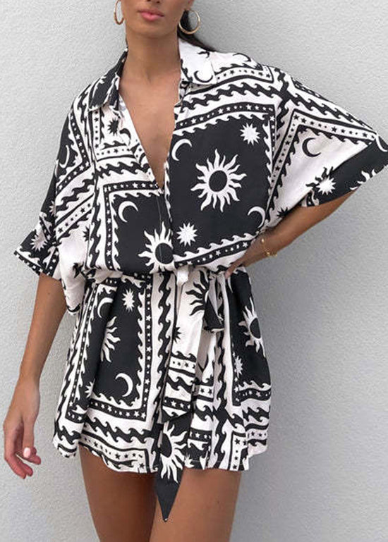 New Black Peter Pan Collar Geometric Print Cotton Jumpsuit Summer