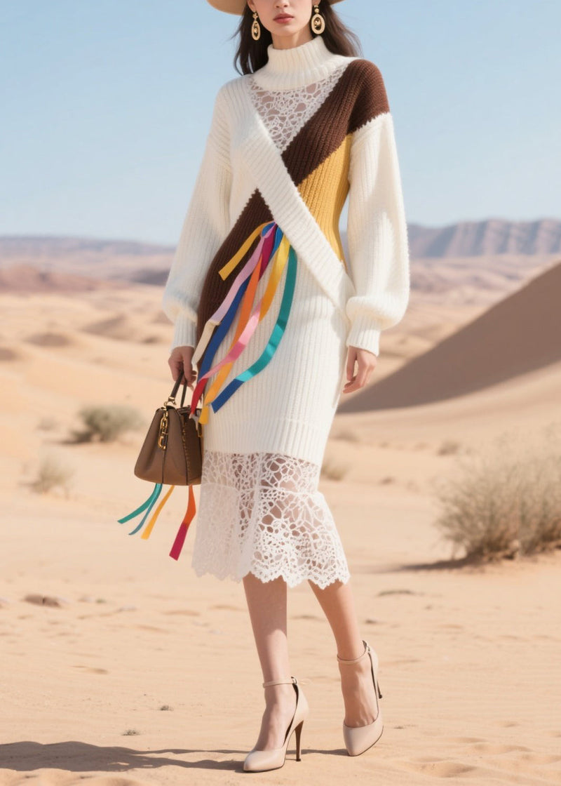 White Turtle Neck Patchwork Hollow Out Knitted Dress Winter