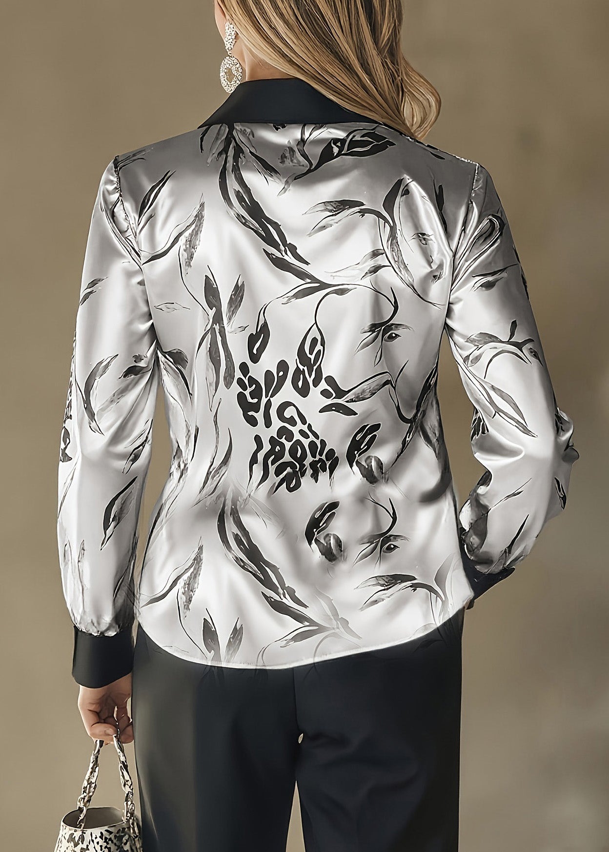 Unique Grey Peter Pan Collar Print Silk Top Spring