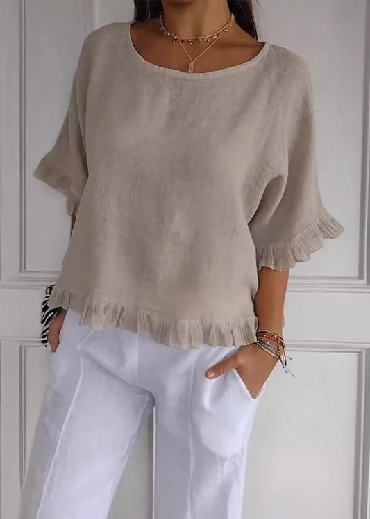 Apricot O-neck Ruffled Cotton Blouses Summer