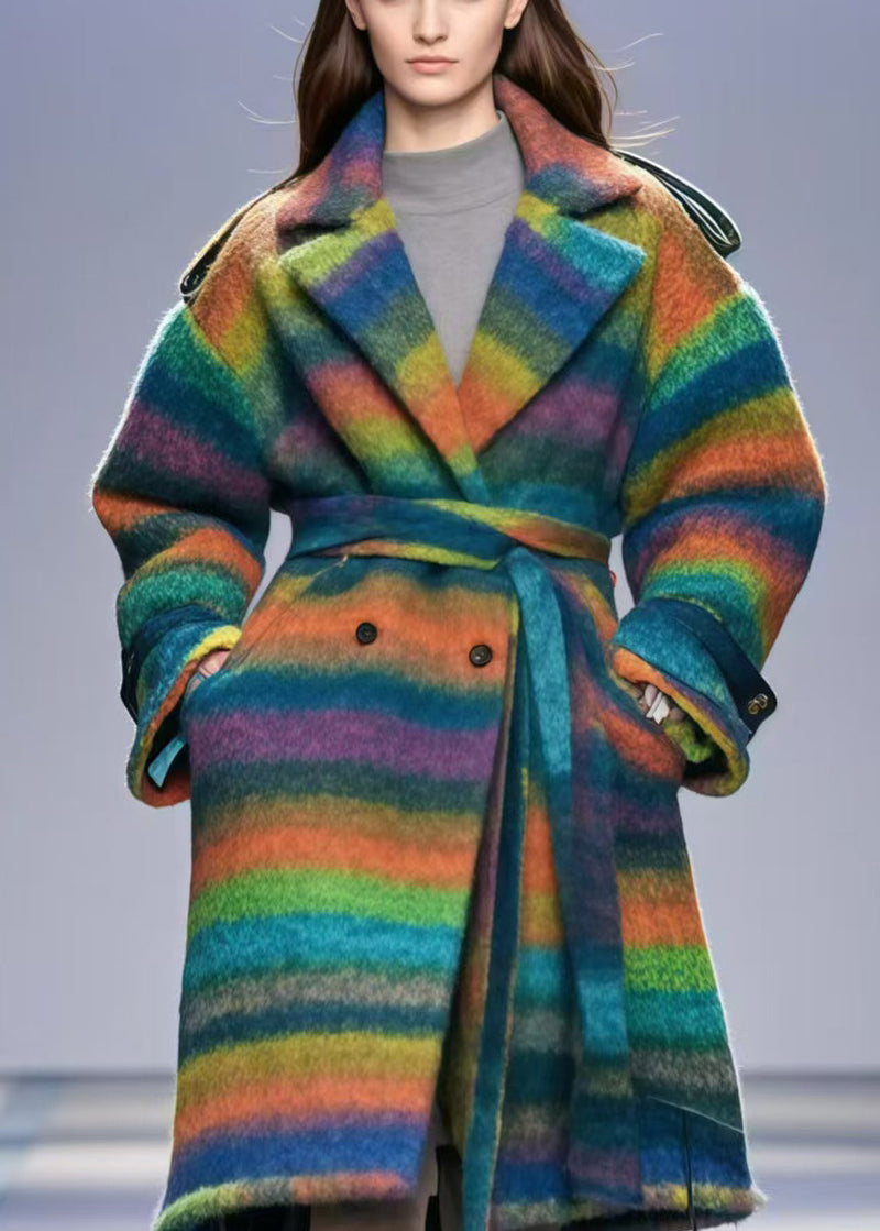 Rainbow Striped Double Breast Thick Woolen Trench Fall