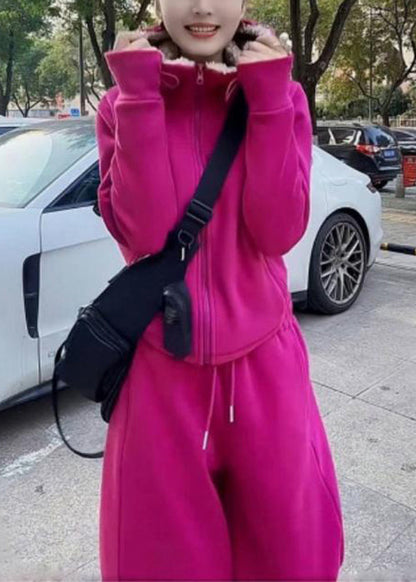 Simple Rose Hooded Coat and Pants Warm Fleece Two Pieces Set Spring