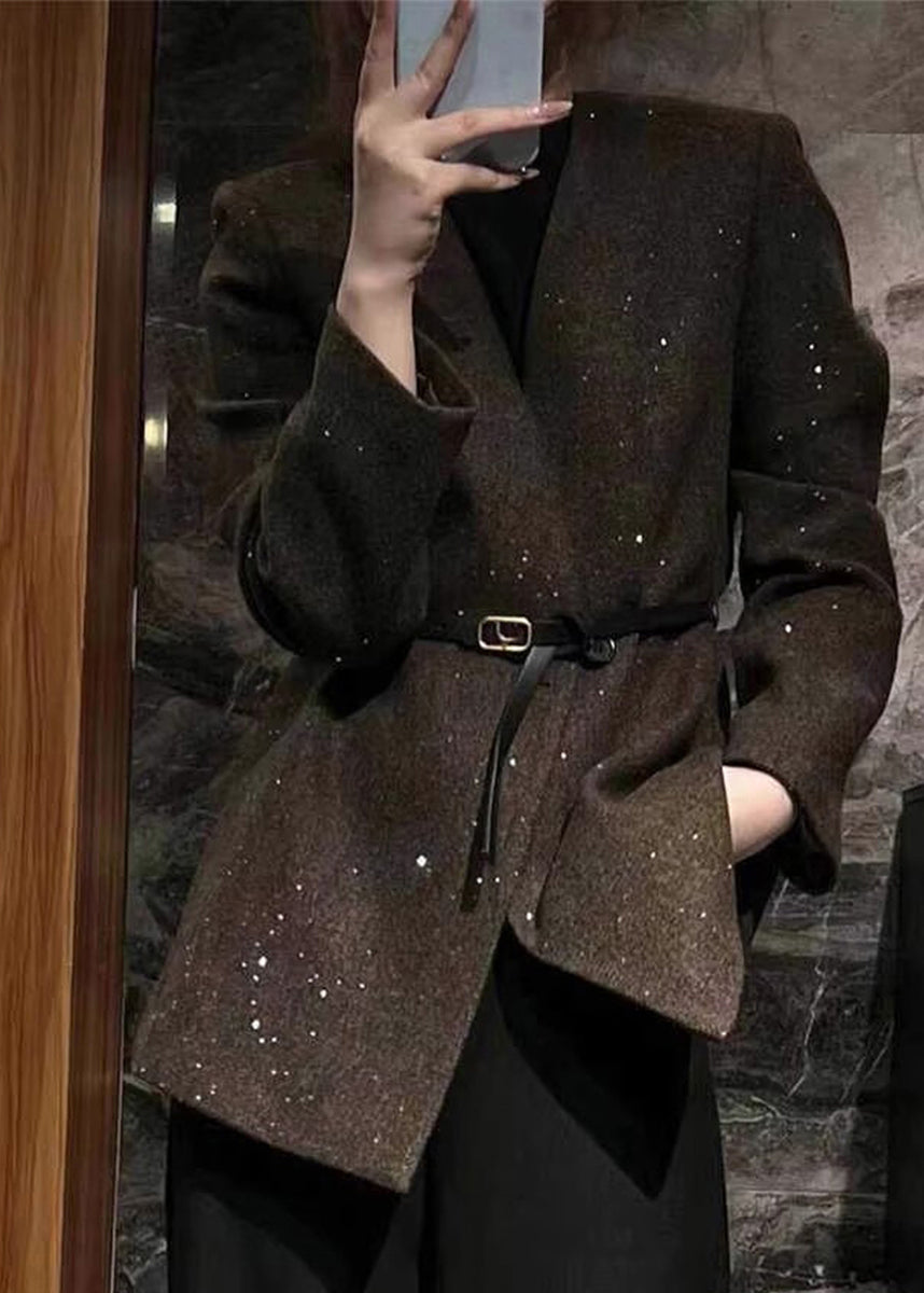 Grey V Neck Woolen Suit Coats Fall
