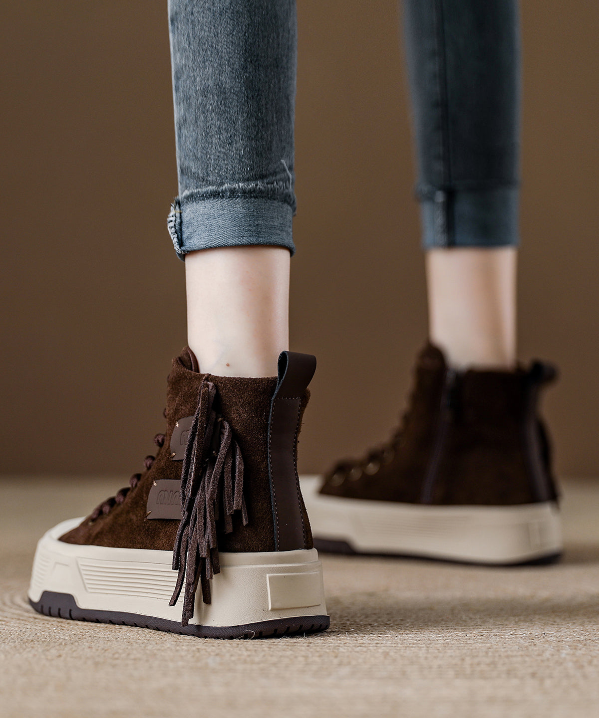 Coffee Tassel Lace Up Splicing Suede Boots