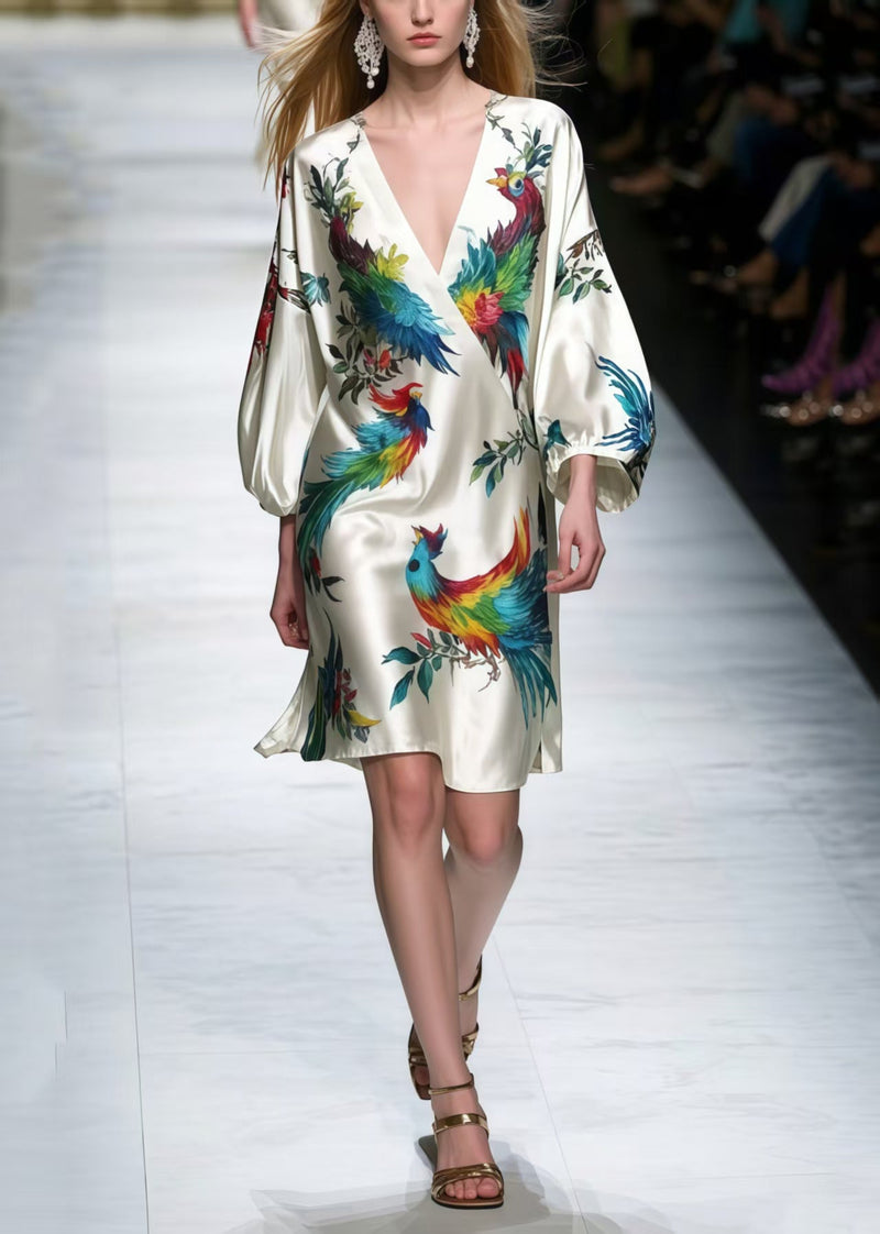 V Neck Phoenix Print Silk Work Dress Bracelet Sleeve