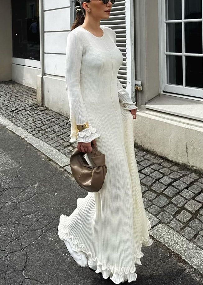 White Ruffled Lace Up Cotton Robe Dresses Flare Sleeve