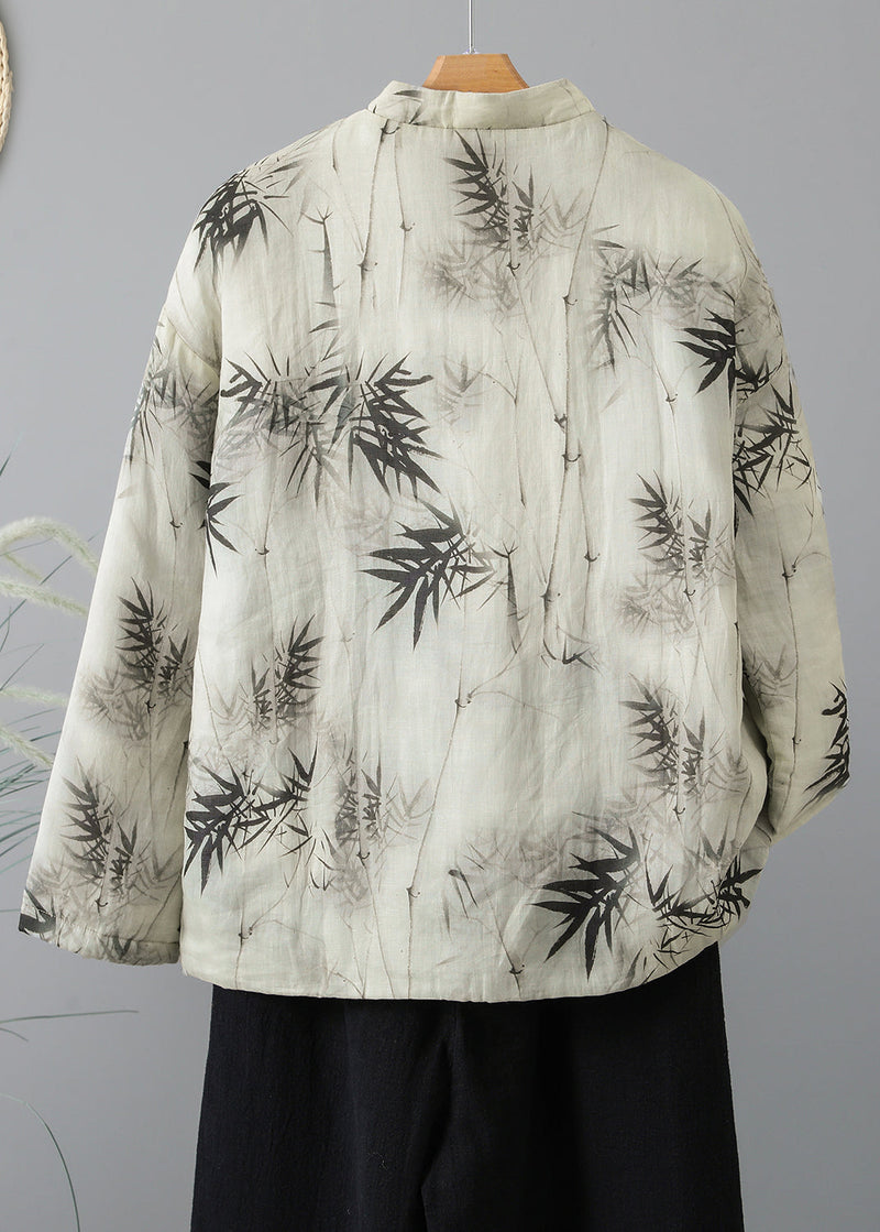 Stand Collar Print Oriental Button Fine Cotton Filled Coat Spring
