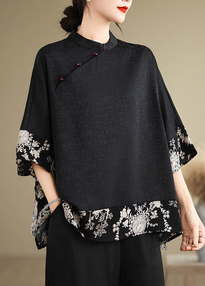 Black Mandarin Collar Patchwork Silk Shirt Summer