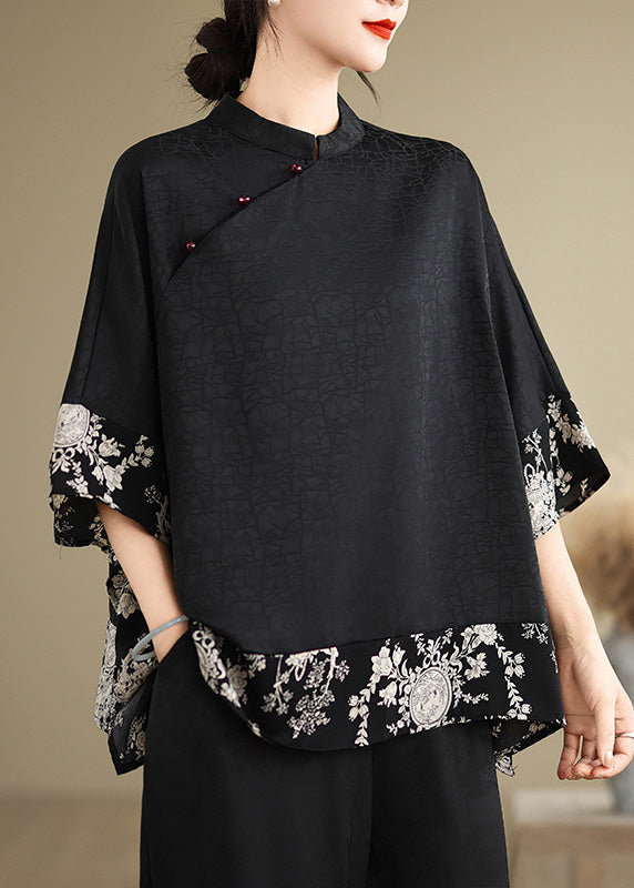 Black Mandarin Collar Patchwork Silk Shirt Summer