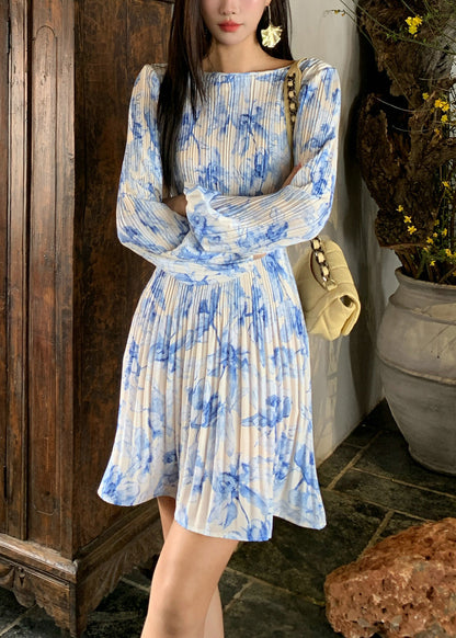 Blue Wrinkled Print Cotton Dress Flare Sleeve