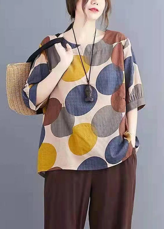 Coffee O Neck Print Patchwork Cotton T Shirts Summer