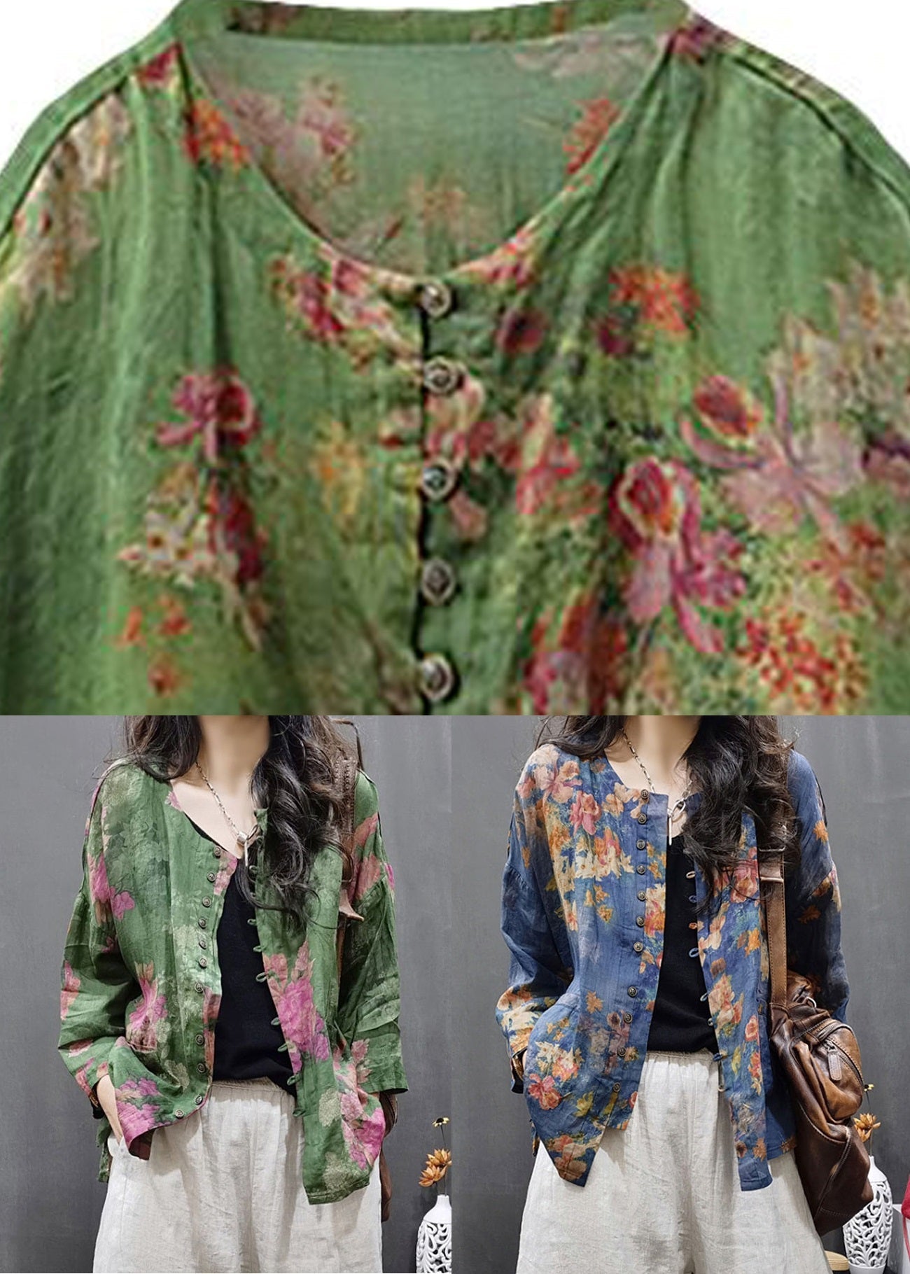 Green O-neck Pockets Linen Shirt Spring