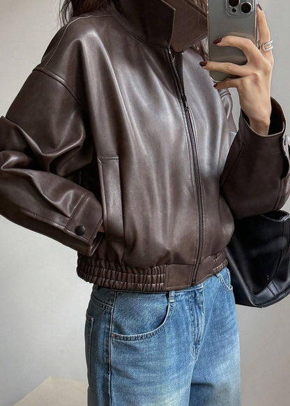 Fitted Brown Zip Up Pockets Faux Leather Coat Outwear Fall