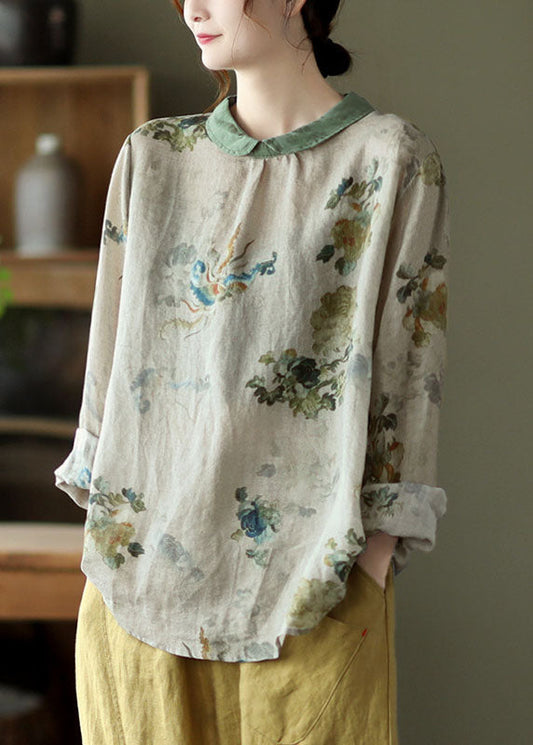 Diy Green Peter Pan Collar Print Fall Shirt Long Sleeve