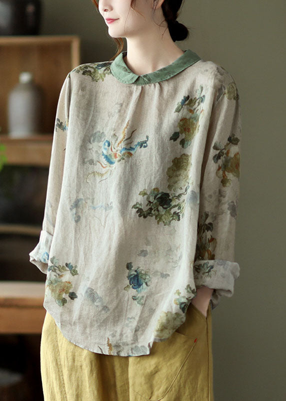Diy Green Peter Pan Collar Print Fall Shirt Long Sleeve