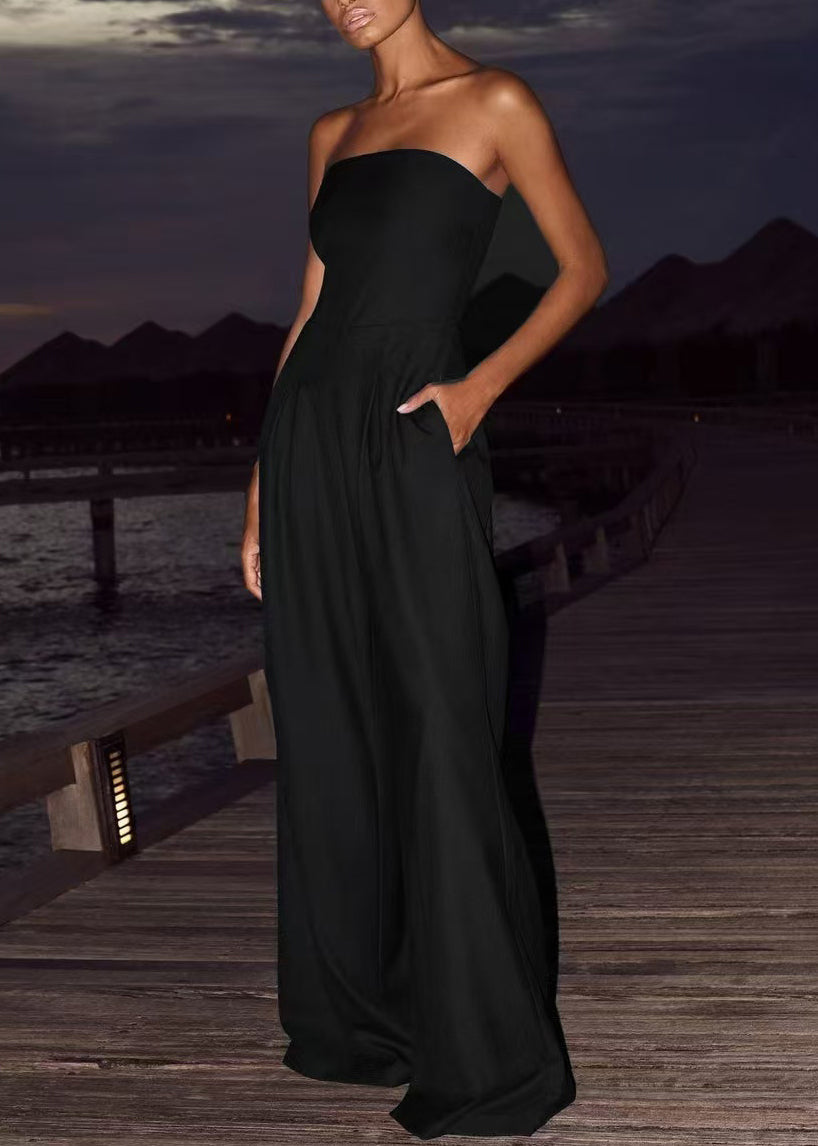 Stylish Black Strapless Backless Pockets Cotton Jumpsuits Summer