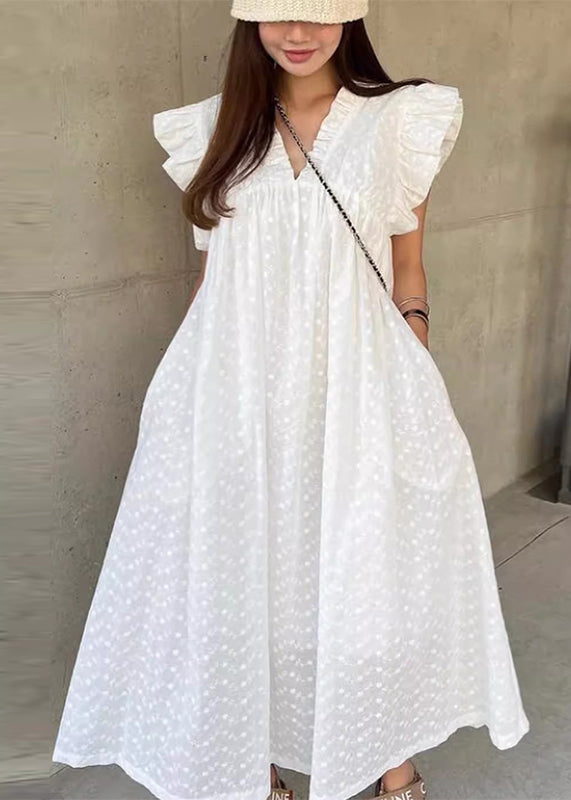 White Dot Ruffled Cotton Holiday Dress Sleeveless
