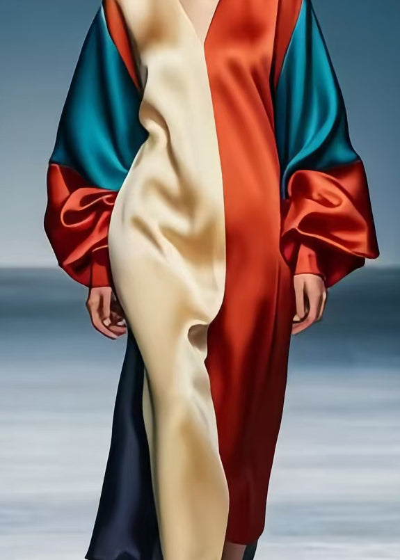 Colorblock V Neck Patchwork Silk Party Dress Lantern Sleeve