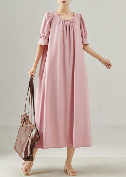 Italian Pink O-neck Cotton Vacation Dress Summer