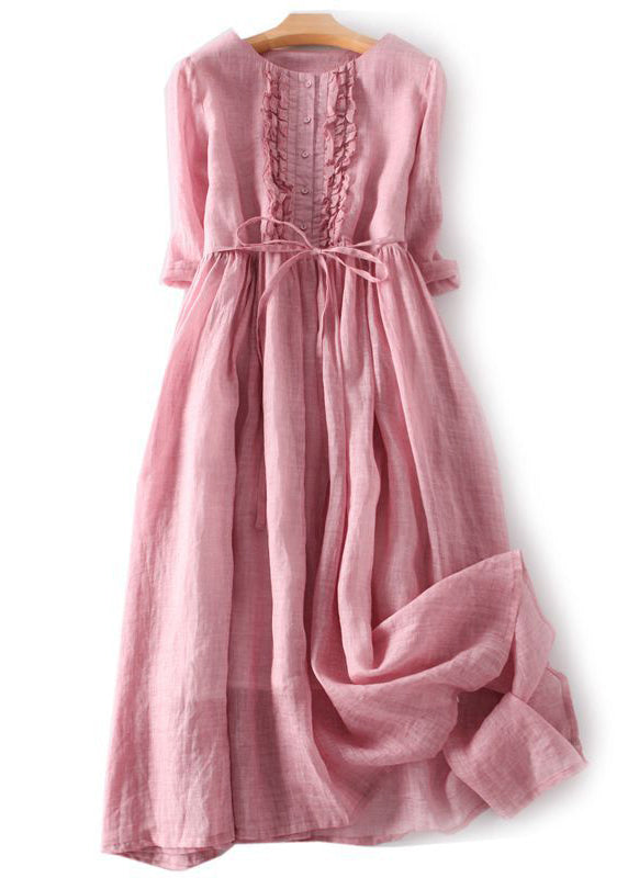 Green Ruffled Button Tie Waist Cotton Long Dress Half Sleeve