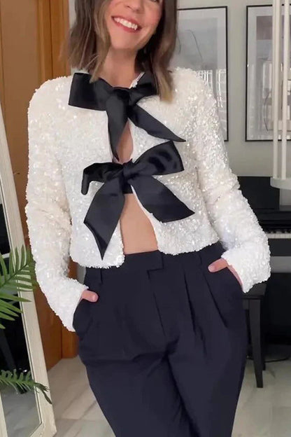 Two Ways to Celebrate Tie-front Bow Sequined Jacket
