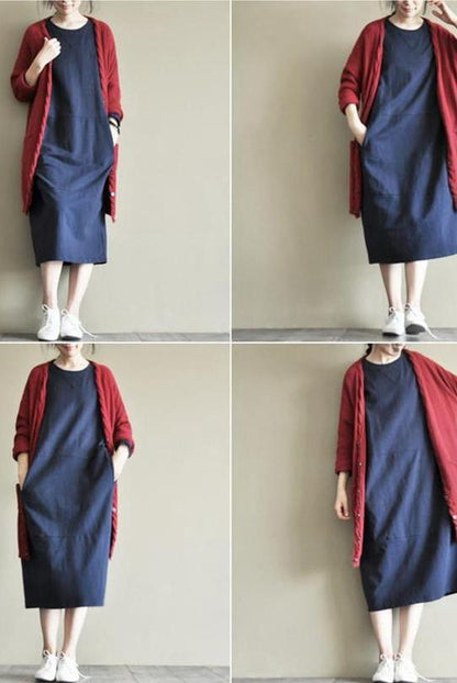 Two Colours Round Collar Fleece Long Dress Causel Outfits